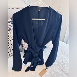 NWT Halogen Navy Blue Wrap Tie Blouse Size Small